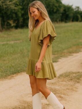 ZARA Olive Green Ruffle Sleeve Mini Dress Textured Boho Size XL